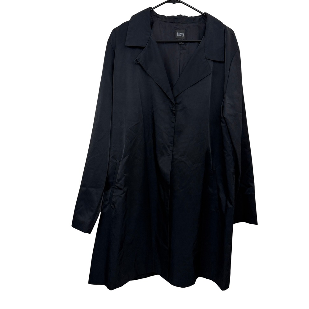 Eileen Fisher Jacket Womens XL Black Trench Coat Long Sleeve Italian Fabric